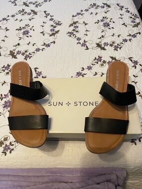 Sun + Stone Black Double-Strap Slide Sandals with Tan Footbed